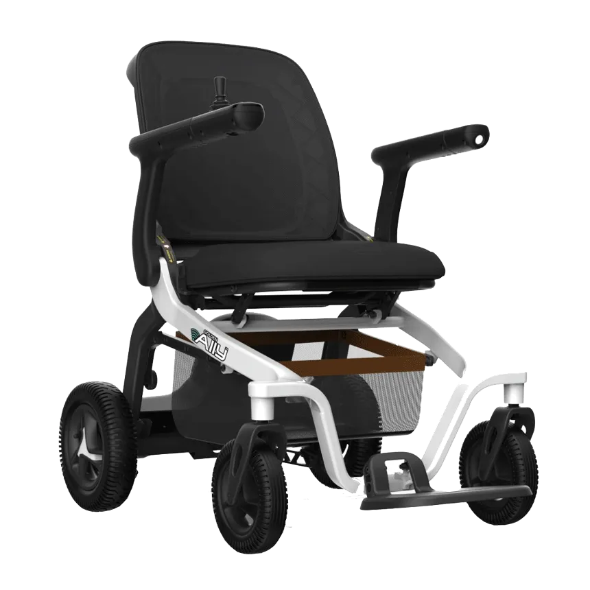 Golden Technologies Cricket lightweight folding power wheelchair with black seat and joystick, sold by Simple Comforts.