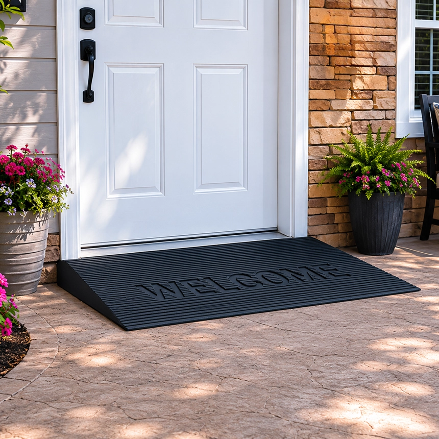 Simple Comforts black rubber threshold ramp installed at a white residential front door.