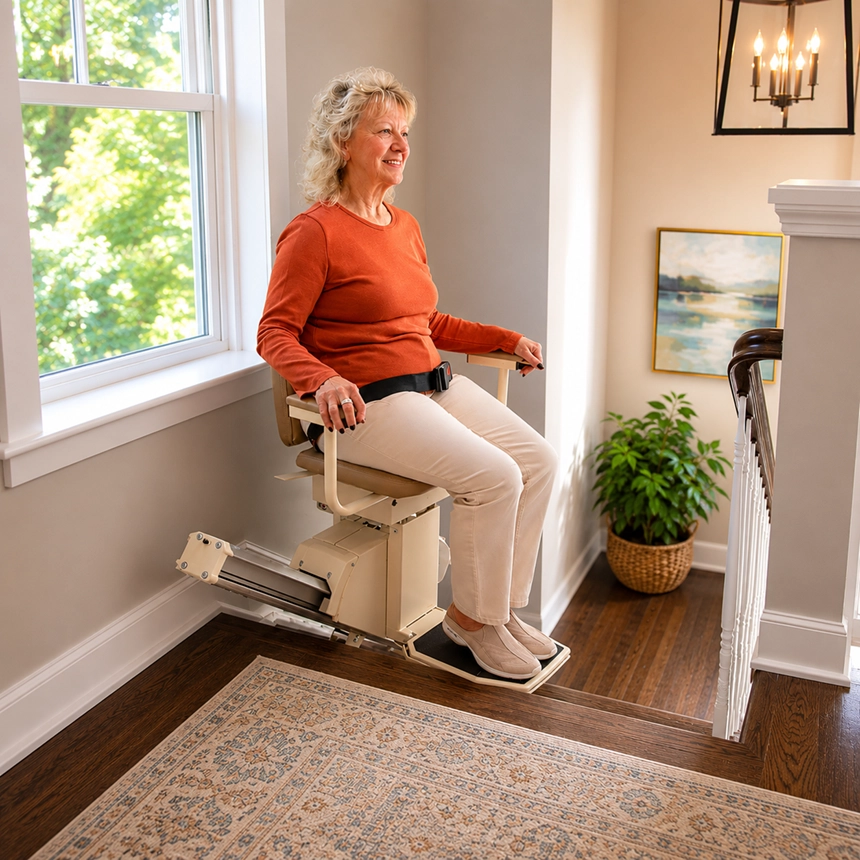 A woman smiling while using a Harmar Pinnacle SL600 straight stair lift by Simple Comforts to safely navigate a home staircase.