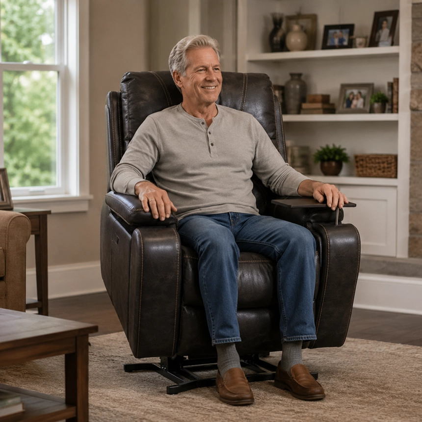Smiling senior man sitting comfortably in a dark brown leather recliner chair by Simple Comforts.