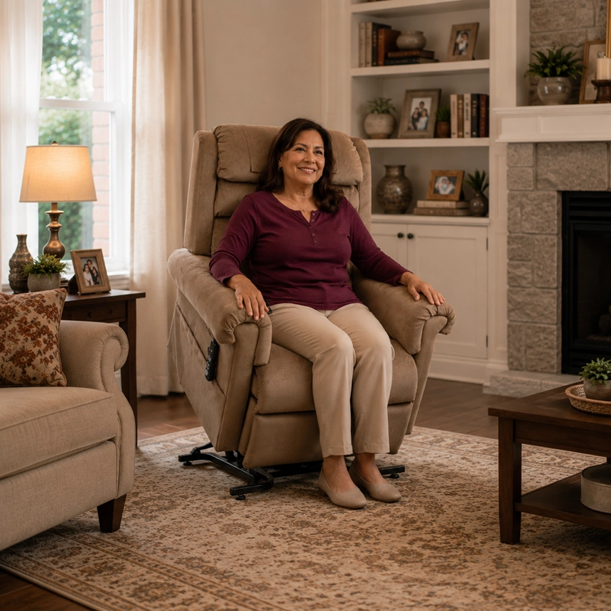 A smiling woman sitting comfortably in a brown lift chair recliner from Simple Comforts in a cozy living room.
