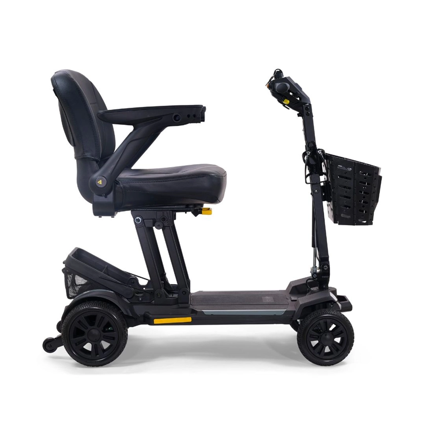Side profile of a premium, black leather adjustable seat and control tiller from a Simple Comforts mobility scooter by Golden Technologies