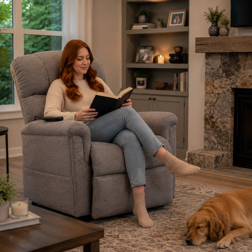 Woman reading in a gray power lift chair while her dog sleeps nearby in a cozy family room by Simple Comforts