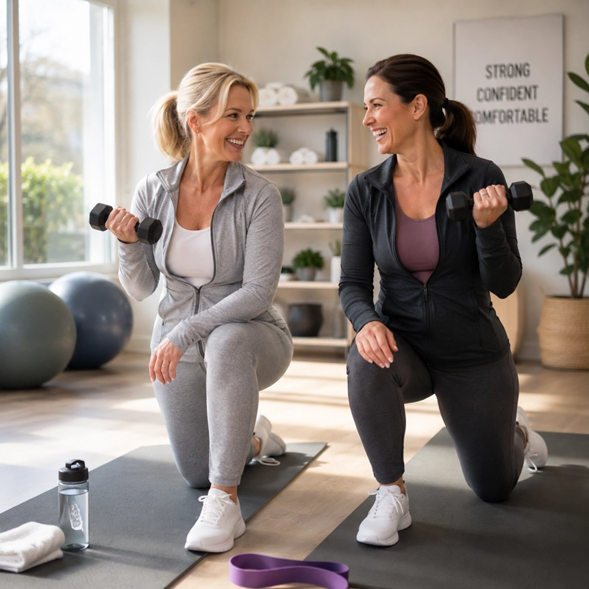 Two women in activewear enjoying a fitness class together, representing comfort and confidence with protective underwear products by Simple Comforts