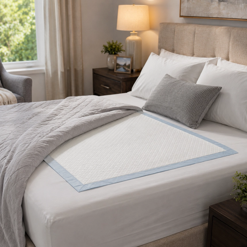 Disposable absorbent underpad placed on a queen bed in a modern bedroom for daily comfort and mattress protection by Simple Comforts