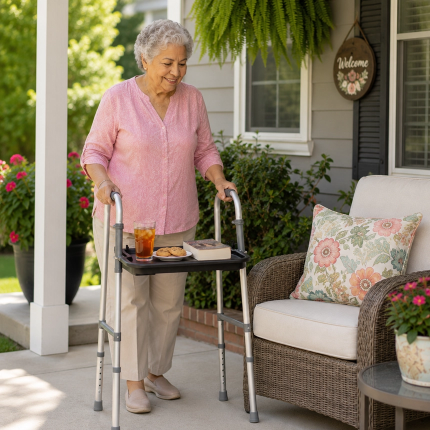 Older woman using a walker tray with iced tea, cookies, and a book on her patio beside a comfortable outdoor chair by Simple Comforts