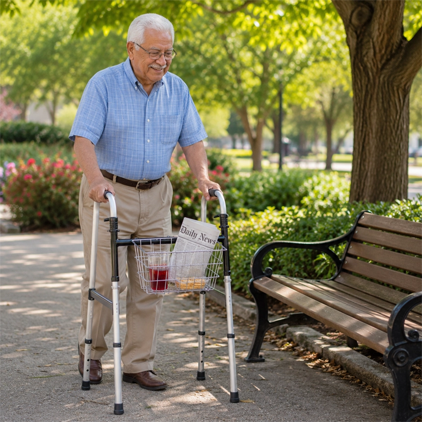 Older man using a walker basket to carry a newspaper, cranberry juice, and snack while walking to a park bench by Simple Comforts