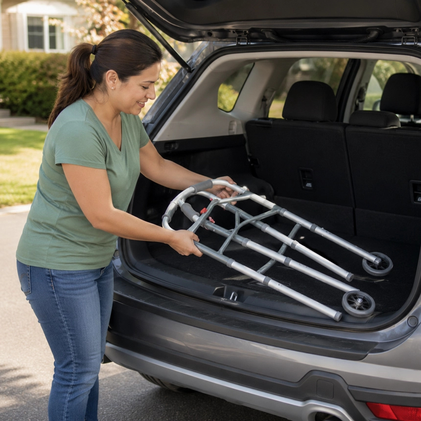 Family caregiver folding a lightweight walker into the back of a small SUV for easy transport and storage by Simple Comforts