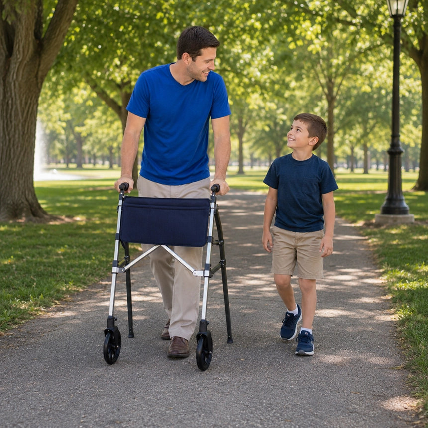 Young father using a Stander Fold-N-Go Walker with his son while walking through a park after injury recovery by Simple Comforts