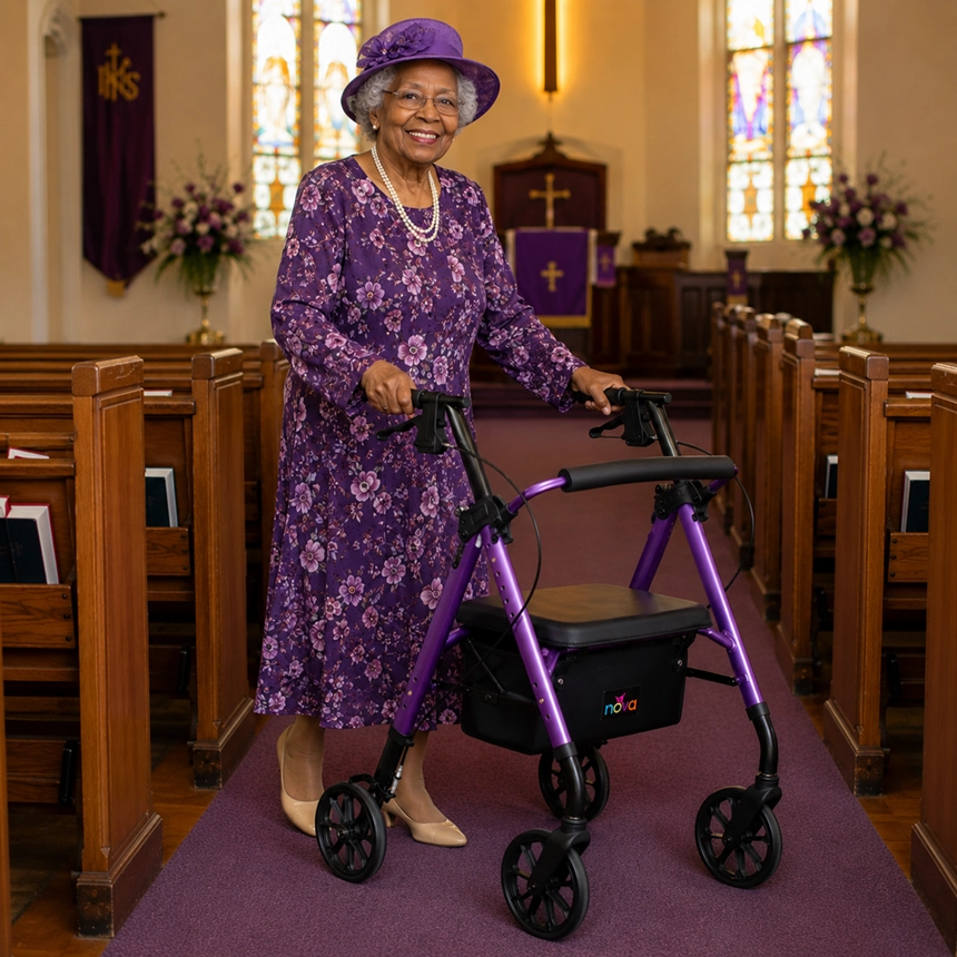Older woman using a Nova Medical Star 8 Lightweight Rollator at church in a purple floral dress by Simple Comforts