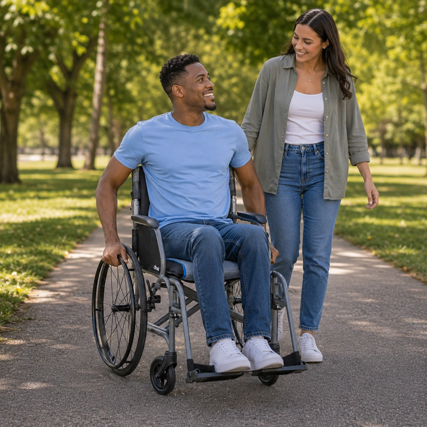 Young man using a rented wheelchair from Simple Comforts while enjoying a walk in the park with his girlfriend during recovery