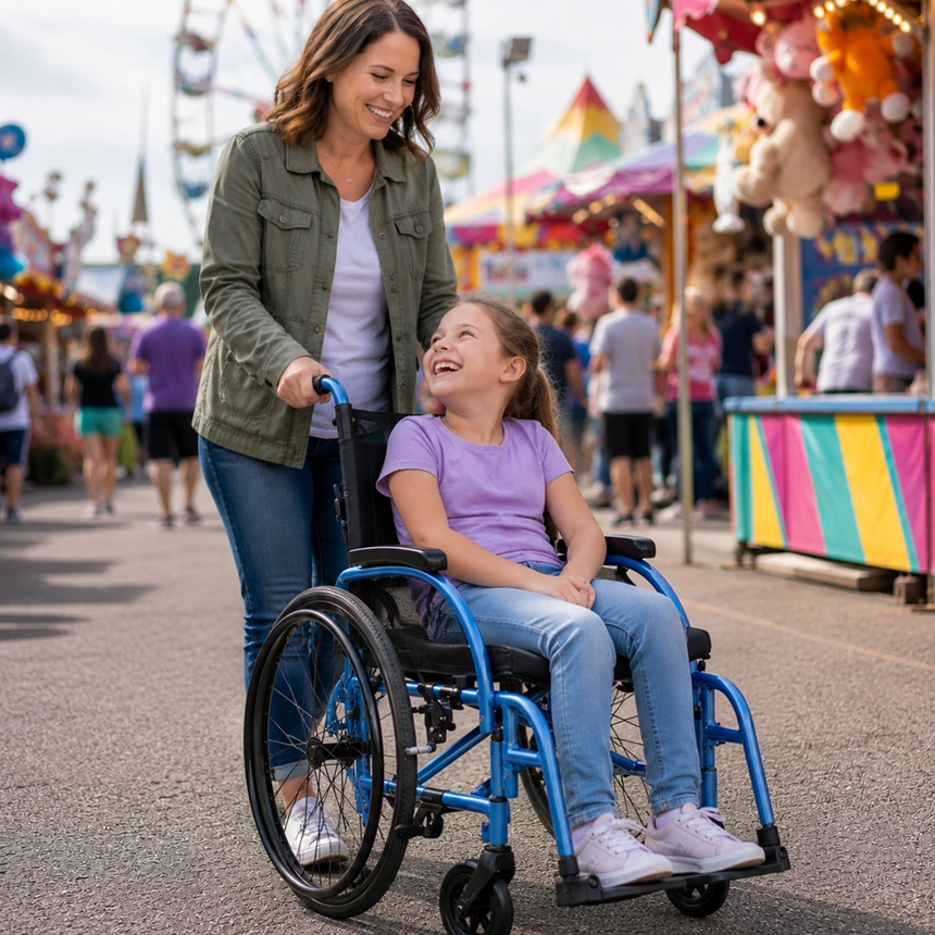 Mother pushing her daughter in a Strongback Comfort 24 wheelchair at the fair for comfortable mobility and daily support from Simple Comforts