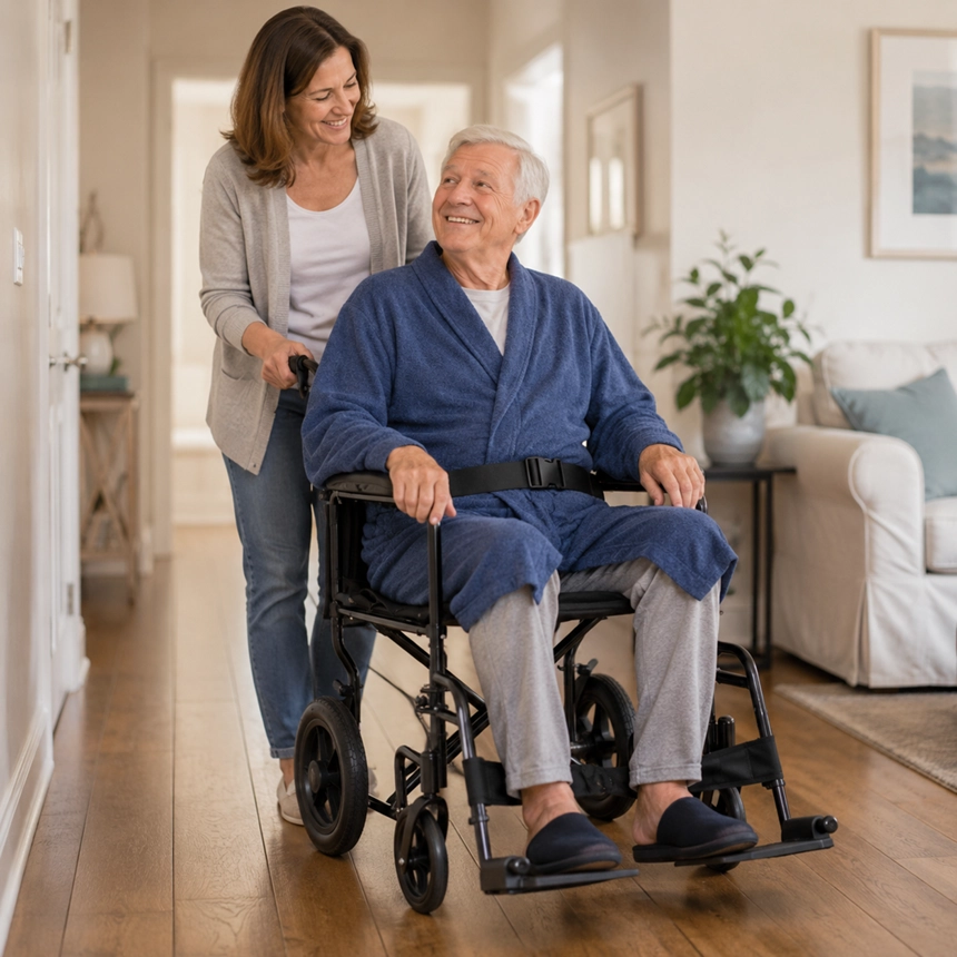 Daughter assisting her father in a 12-inch rear wheel transport chair with safety belt for comfortable in-home mobility support from Simple Comforts