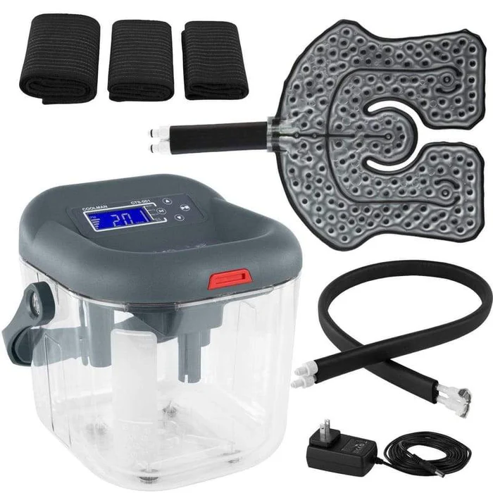 Vive Health cold therapy ice machine with digital control unit, insulated tubing, therapy pad, and adjustable straps for post-surgery pain relief and recovery support from Simple Comforts