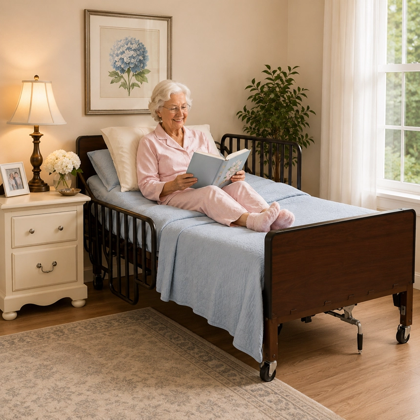 Woman reading comfortably in a Drive Medical Delta Ultralight 1000 full electric low bed designed for safer in-home care, comfort, and adjustable positioning from Simple Comforts