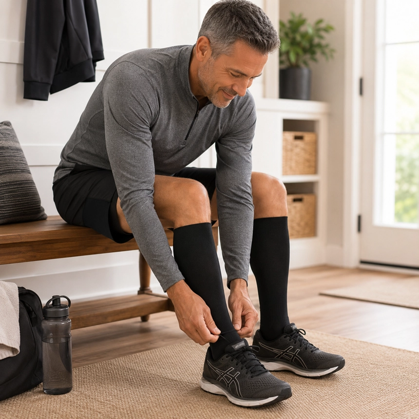 Athletic middle-aged man wearing black compression socks while getting ready for a run at home for circulation support and recovery comfort from Simple Comforts