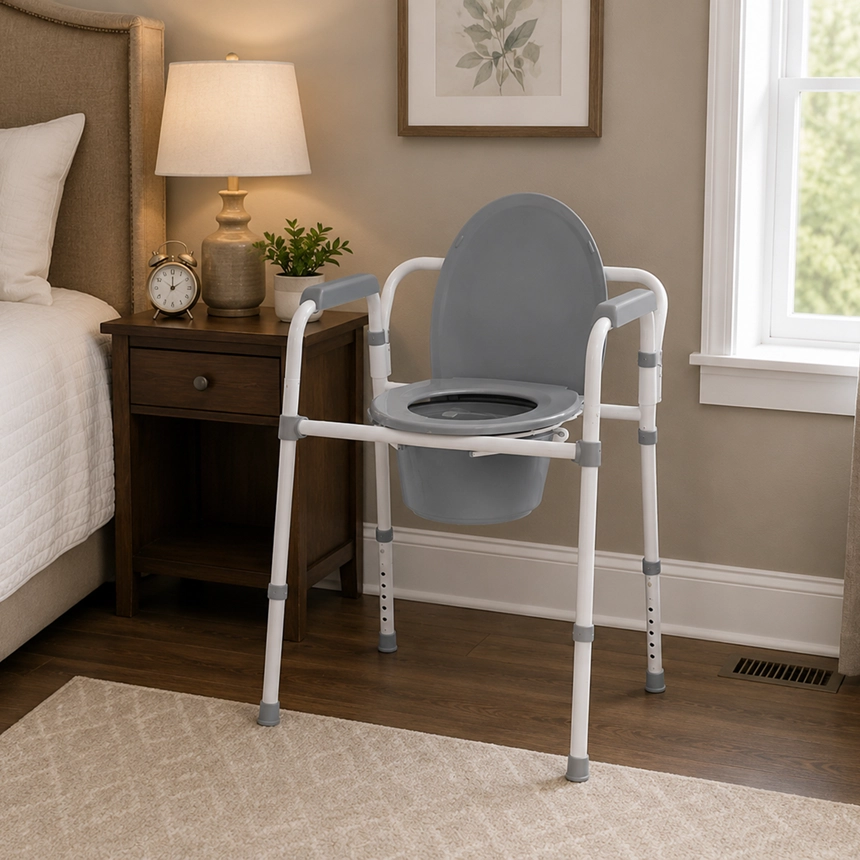 Three-in-one folding bedside commode placed next to a bed for safer nighttime bathroom access and in-home care support from Simple Comforts