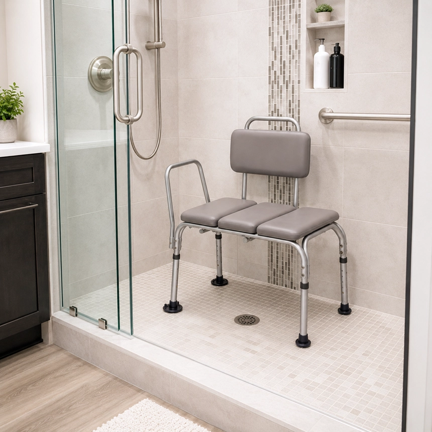A padded transfer bench with a detachable backrest sits inside a modern walk-in shower with glass walls, gray tile, grab bars, and a handheld shower head.