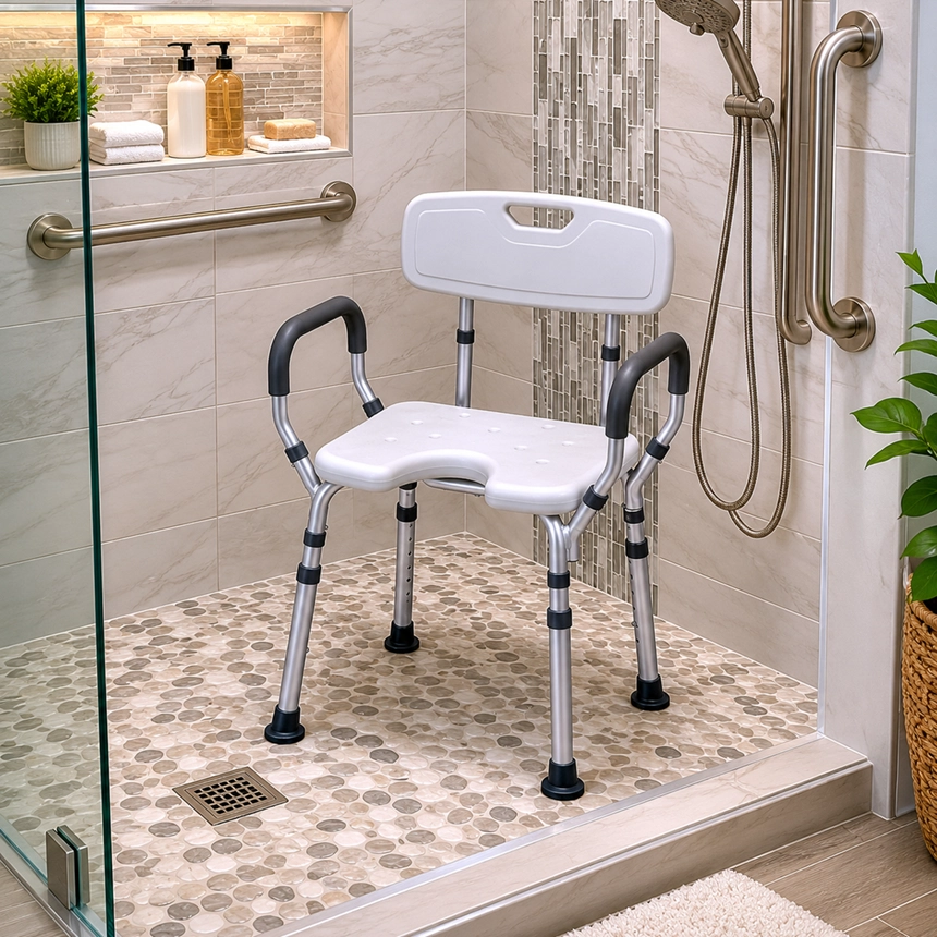A white adjustable shower chair with armrests and a backrest sits inside a modern walk-in shower with pebble-style tile flooring, marble-look wall tile, stainless grab bars, and a handheld shower head.