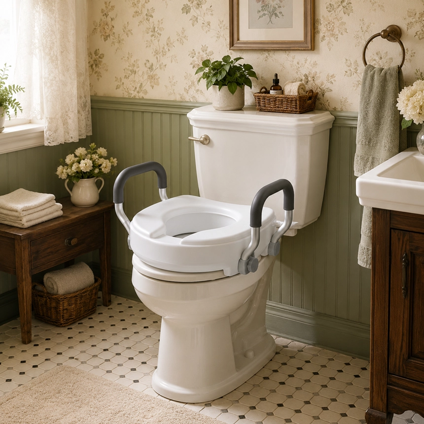 A white toilet seat riser with padded safety handles is installed on a toilet in a warm vintage-style bathroom with floral wallpaper, soft green wainscoting, hexagon tile flooring, and wooden accents.
