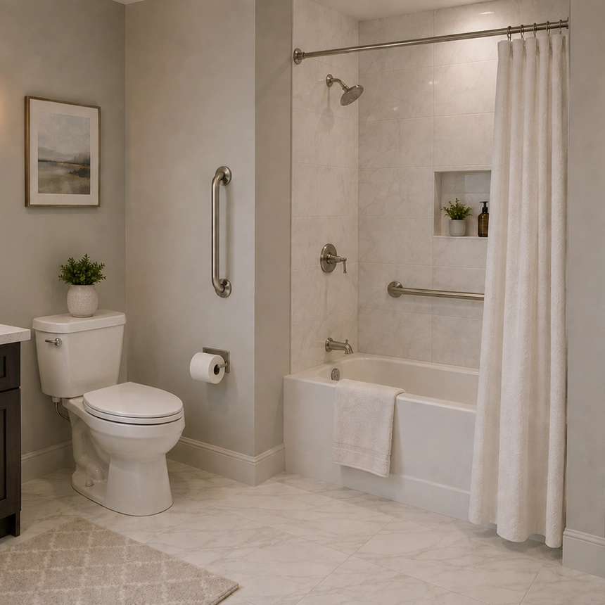 Luxury accessible bathroom with grab bars installed near the toilet and bathtub for safer daily mobility and independent home use from Simple Comforts