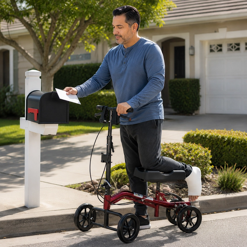 A man in a blue long-sleeve shirt using a black Nova knee walker to get his mail from a curbside mailbox outside a suburban home.