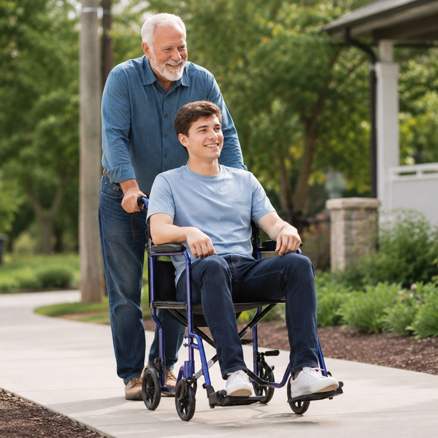 Grandfather pushing a young man in a Nova Steel Transport Chair for comfortable caregiver-assisted mobility and daily transportation support from Simple Comforts