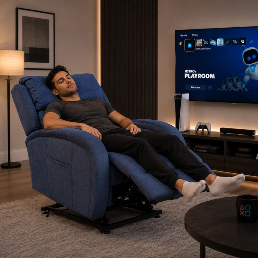 Young man sleeping in a blue power lift chair in a modern living room with a PlayStation gaming setup by Simple Comforts