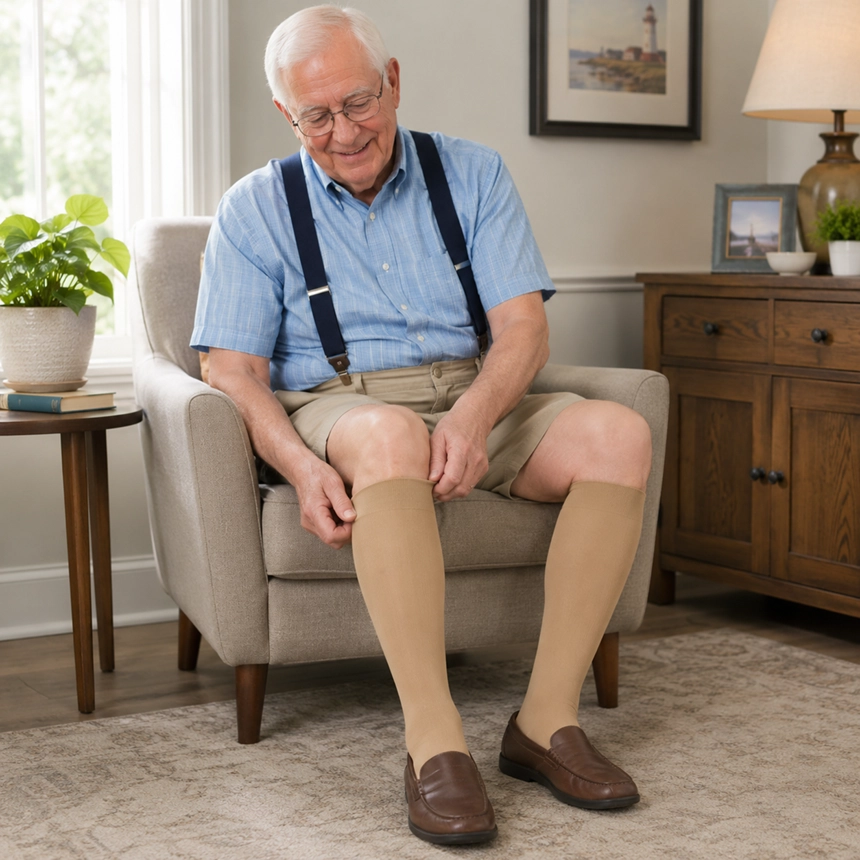 Older man wearing beige knee-high compression socks, khaki shorts, suspenders, and brown loafers while sitting comfortably in a living room chair and adjusting the socks. Graduated compression stockings from Simple Comforts designed to support circulation, comfort, and daily mobility.
