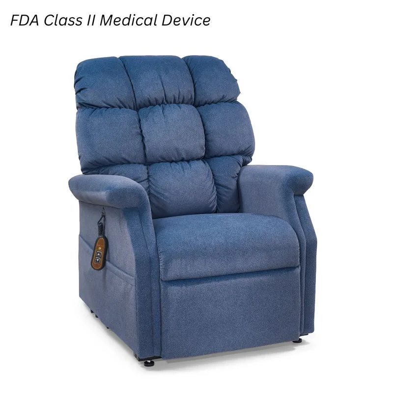 Golden Cambridge power lift recliner with a smooth tailored back and rolled arms.
