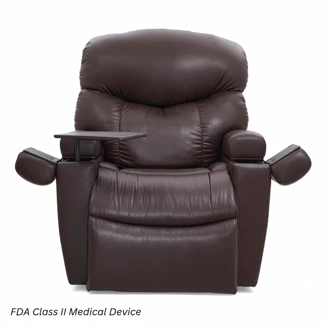 Golden Cloud+ power lift recliner with a channeled back and padded chaise seat.
