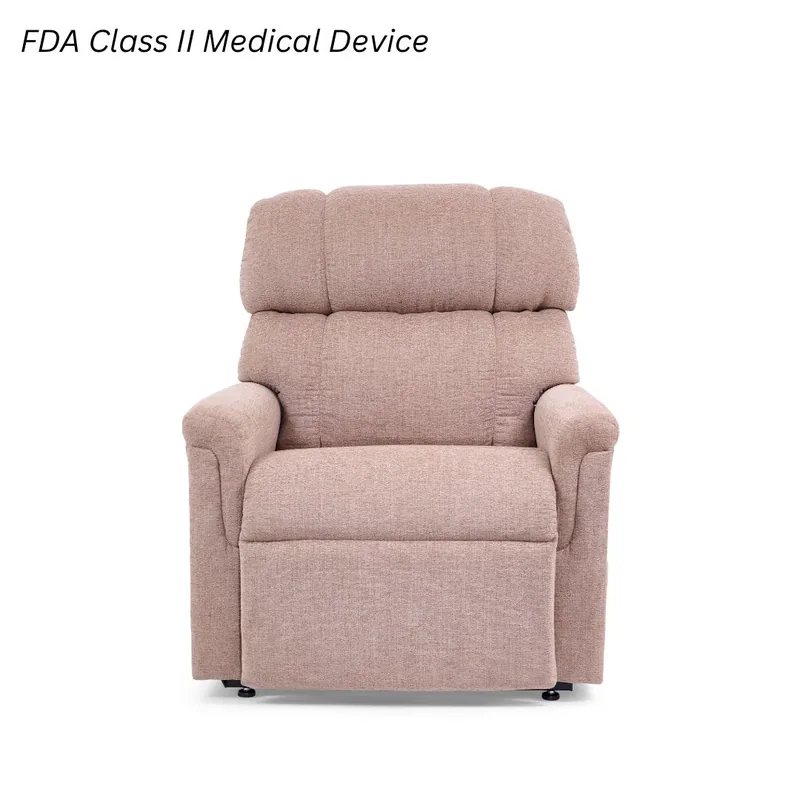 Golden Comforter power lift recliner with a pillowed back and wide padded arms.