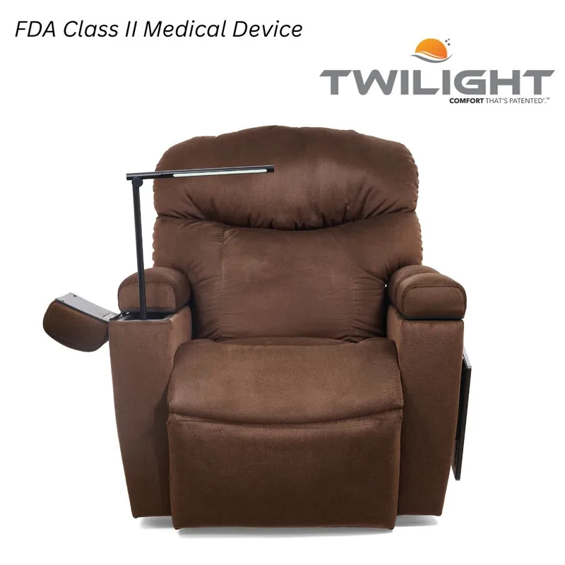 Golden Cloud+ Luxe power lift recliner with a channeled back, reclined in Twilight Tilt.