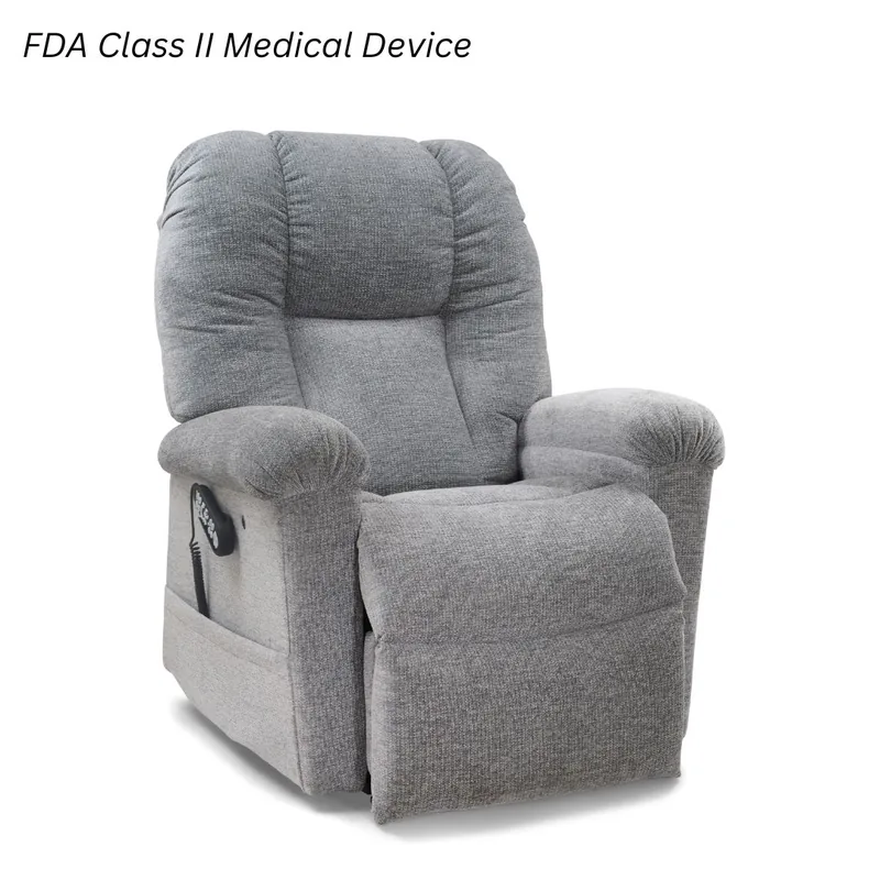 Golden Cloud Elite power lift recliner with an overstuffed bucket back, reclined flat.