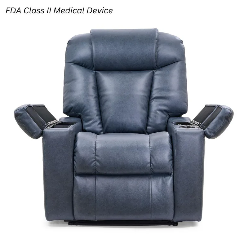Golden Rhea power lift recliner with an open-arm design and padded chaise seat.