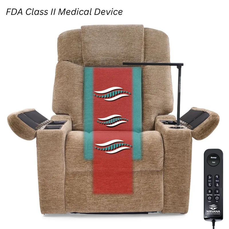 Golden Rhea power lift recliner with open arms, reclined in the Twilight Tilt position.