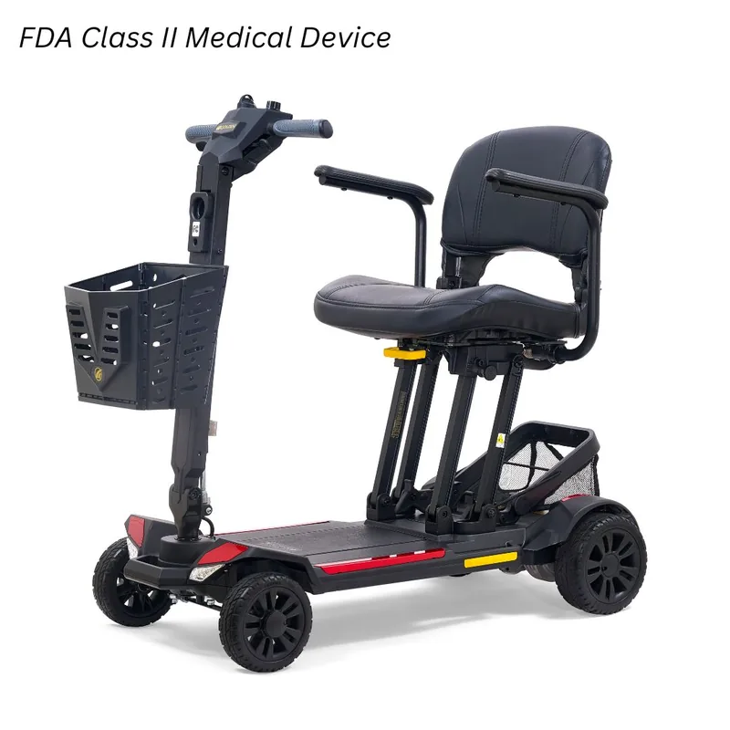 Golden Buzzaround CarryOn travel scooter with a padded seat and delta tiller.