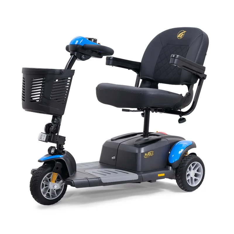Golden Buzzaround EX three-wheel mobility scooter with a padded seat and front basket.