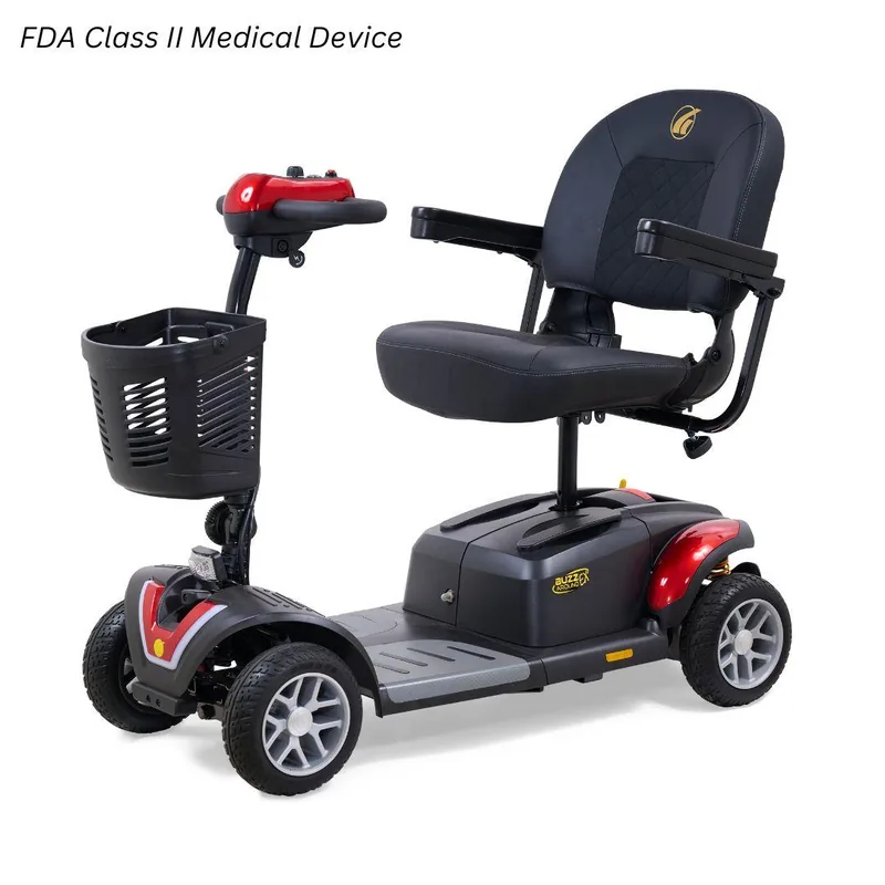 Golden Buzzaround EX four-wheel mobility scooter with a padded seat and front basket.
