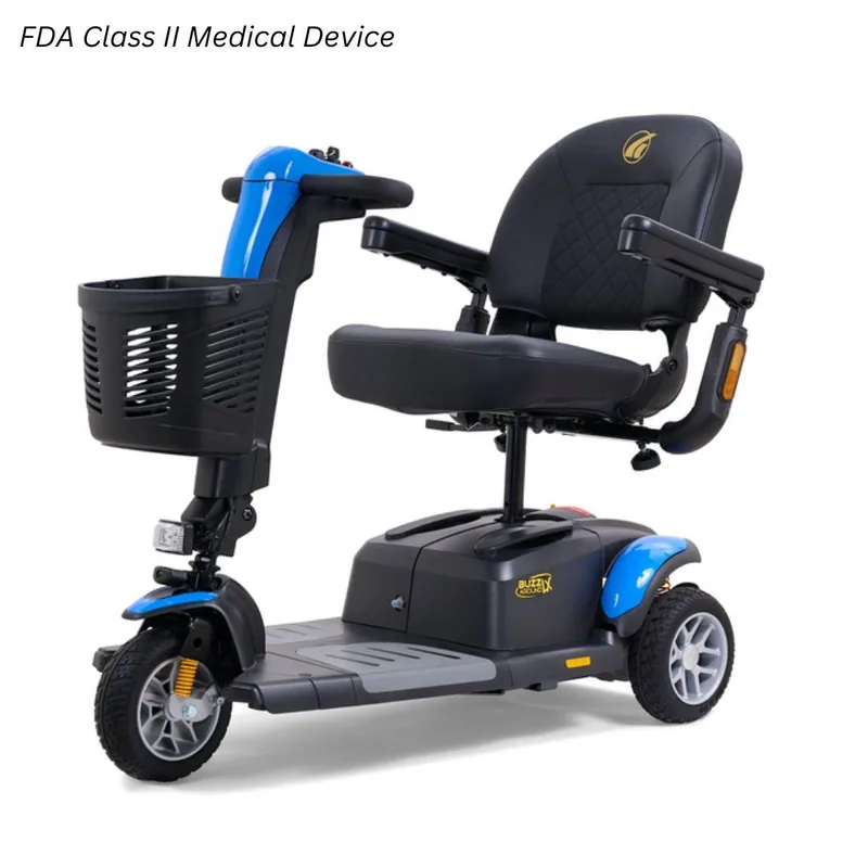 Golden Buzzaround LX three-wheel mobility scooter with a full-size seat and headlight.
