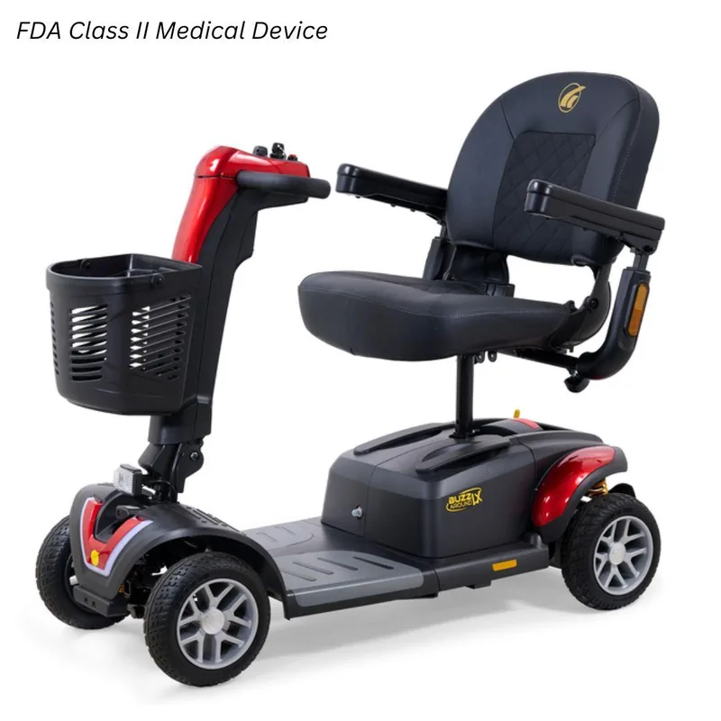 Golden Buzzaround LX four-wheel mobility scooter with a full-size seat and headlight.