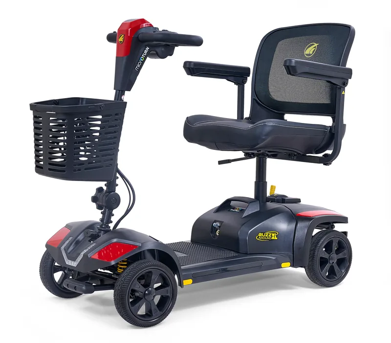 Golden Buzzaround XL four-wheel mobility scooter with a padded seat and front basket.