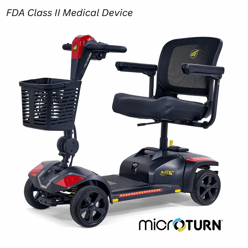 Golden Buzzaround XL Plus four-wheel mobility scooter with a padded seat and headlight.