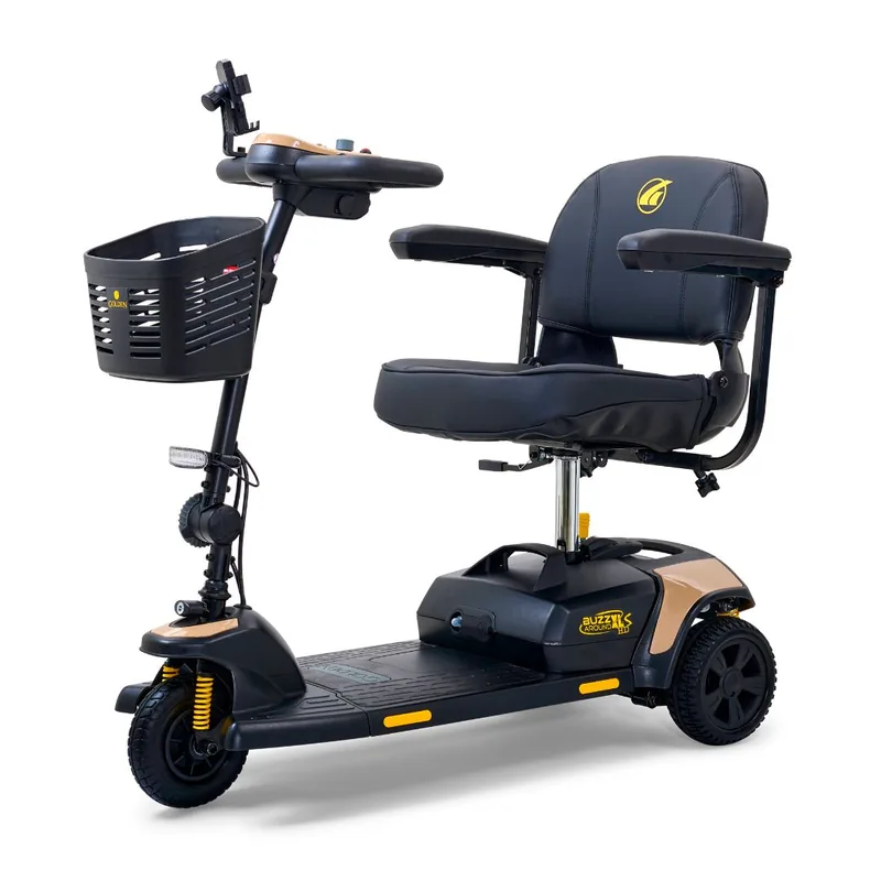 Golden Buzzaround XLS-HD three-wheel mobility scooter with a wide padded seat.