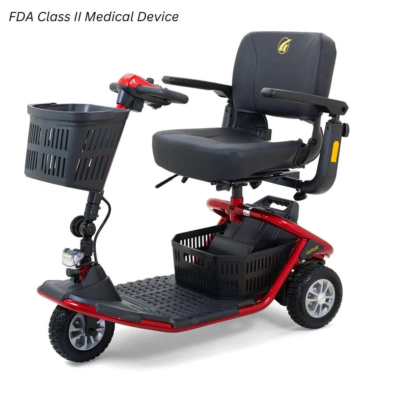 Golden LiteRider three-wheel mobility scooter with a padded seat and front basket.