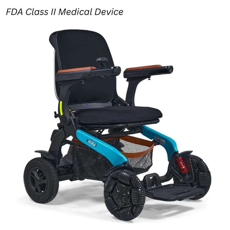 Golden Ally Pro folding power wheelchair with a memory foam seat and joystick control.