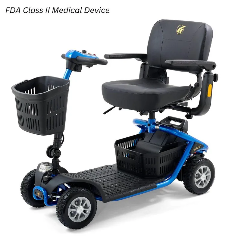 Golden LiteRider four-wheel mobility scooter with a padded seat and front basket.