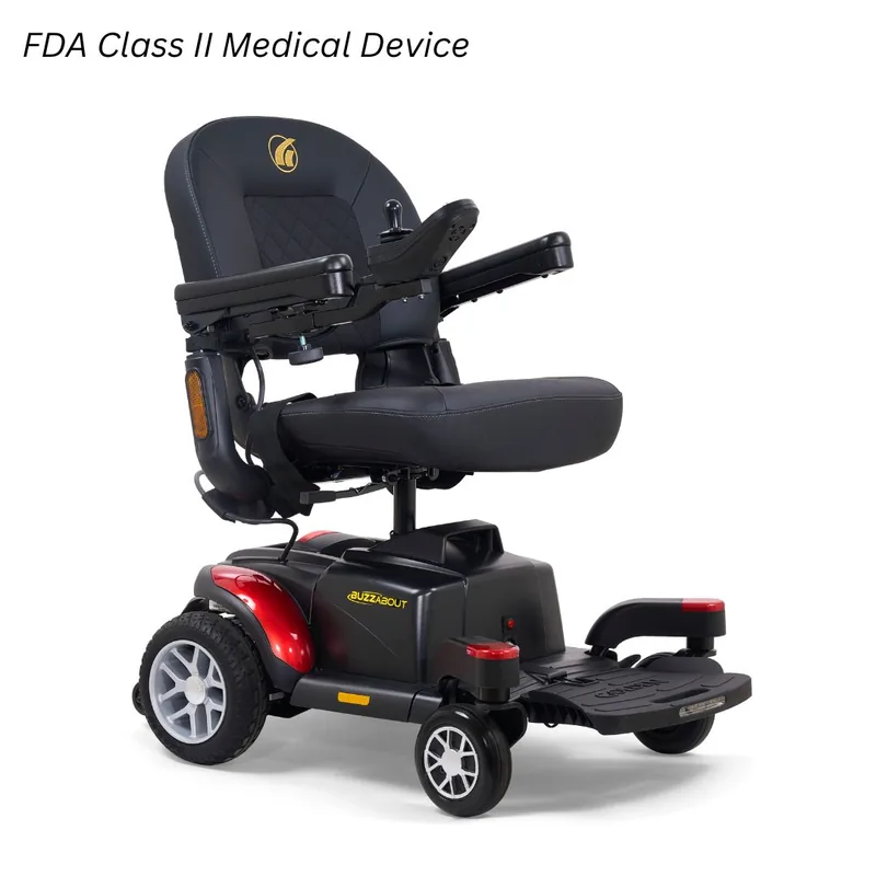 Golden BuzzAbout folding power wheelchair with a padded seat and joystick control.
