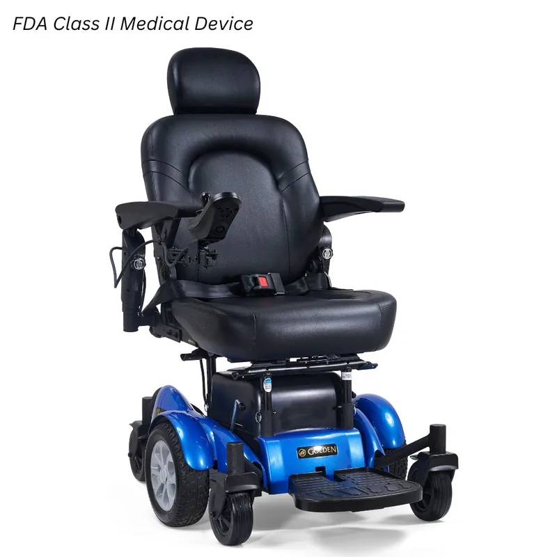 Golden Compass HD heavy duty power wheelchair with center wheel drive and a wide seat.