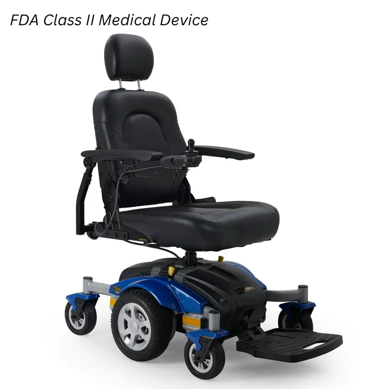 Golden Compass Sport power wheelchair with center wheel drive and a padded seat.